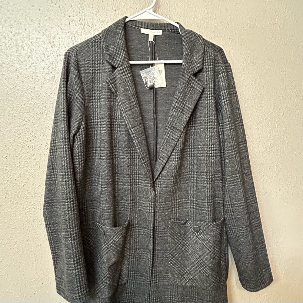 Anthropologie Harlyn Gray Plaid Longline Jacket Coat Large NWT - Picture 2 of 9